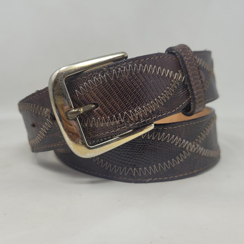Vintage Dun Dee Belt 34 Brown Lizard Leather Western Zigzag Stitch Cowboy Rodeo